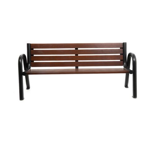A wooden park bench – steel with a backrest
